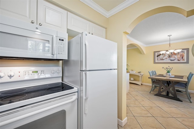 kitchen featuring white cabinetry, pendant lighting, white appliances, light tile patterned floors, and ornamental molding