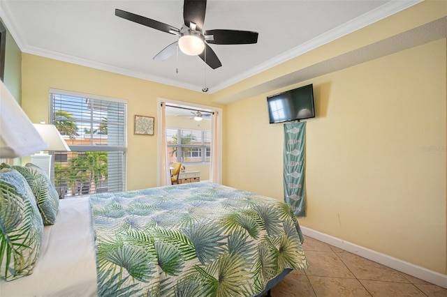 bedroom featuring ceiling fan, ornamental molding, and light tile patterned flooring