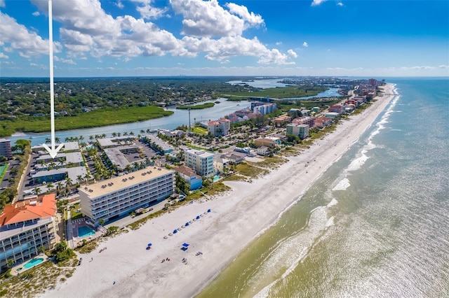 bird's eye view featuring a beach view and a water view