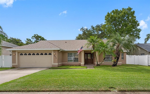 ranch-style house featuring a garage and a front yard