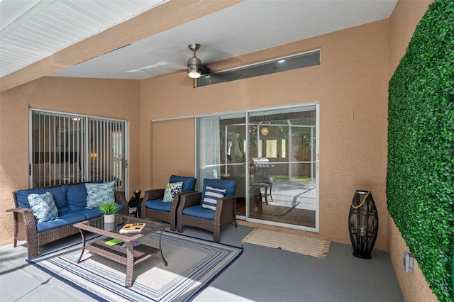 view of patio / terrace featuring ceiling fan and an outdoor hangout area