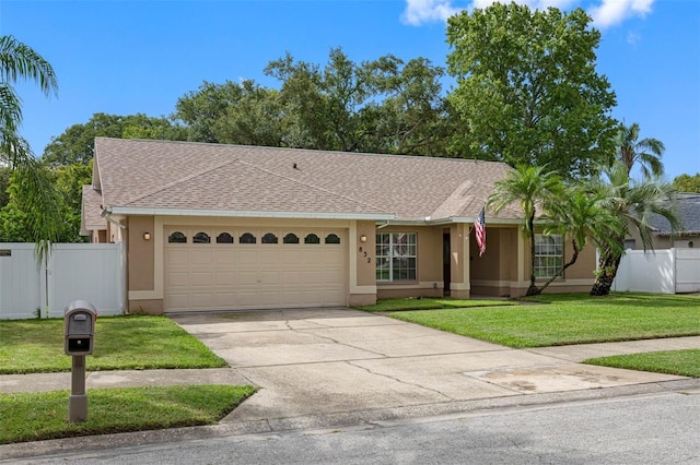 ranch-style home featuring a front lawn and a garage