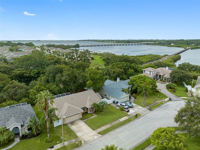 drone / aerial view featuring a water view