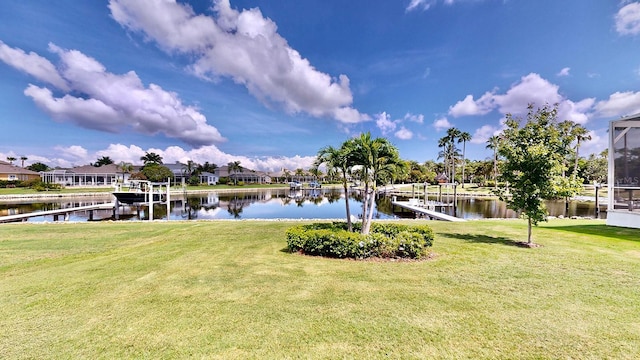 exterior space featuring a water view and a dock