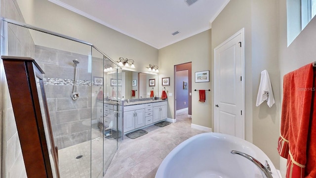 bathroom with tile patterned floors, vanity, ornamental molding, and independent shower and bath