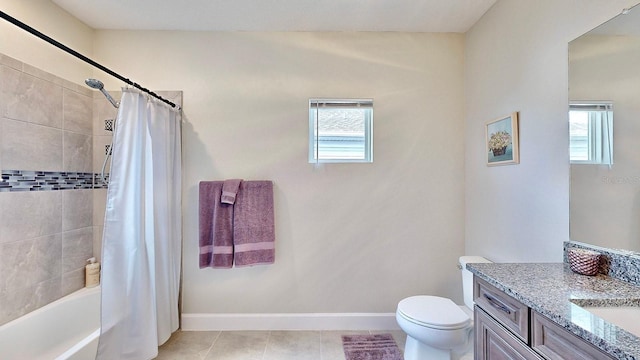 full bathroom with tile patterned floors, vanity, toilet, and shower / bathtub combination with curtain