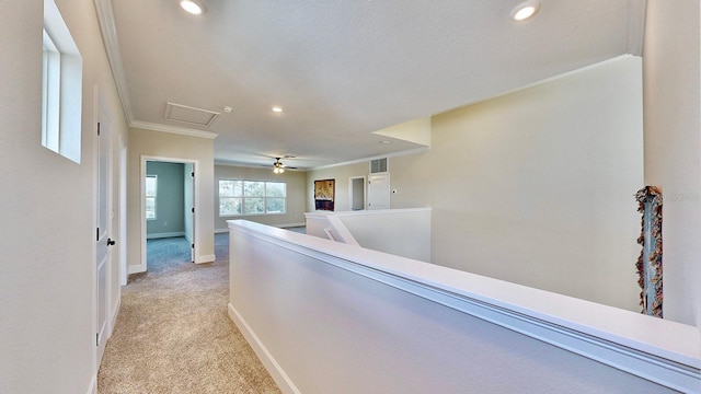 corridor with light colored carpet and crown molding