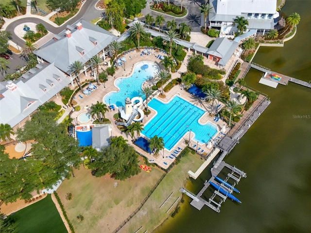 drone / aerial view with a water view