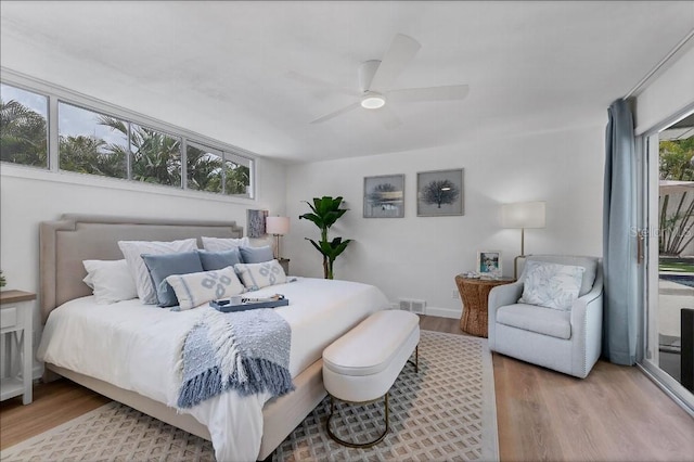 bedroom with light hardwood / wood-style flooring and ceiling fan