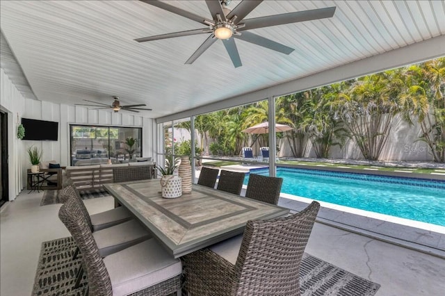 view of pool with ceiling fan, an outdoor hangout area, and a patio