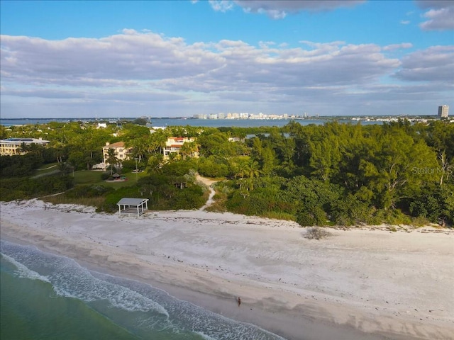 birds eye view of property featuring a beach view and a water view