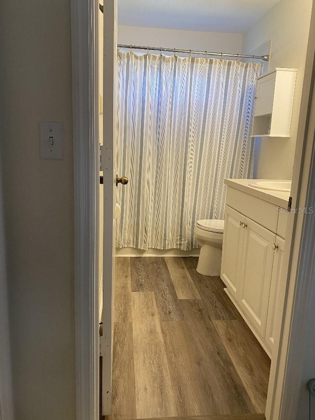 bathroom featuring vanity, hardwood / wood-style flooring, and toilet