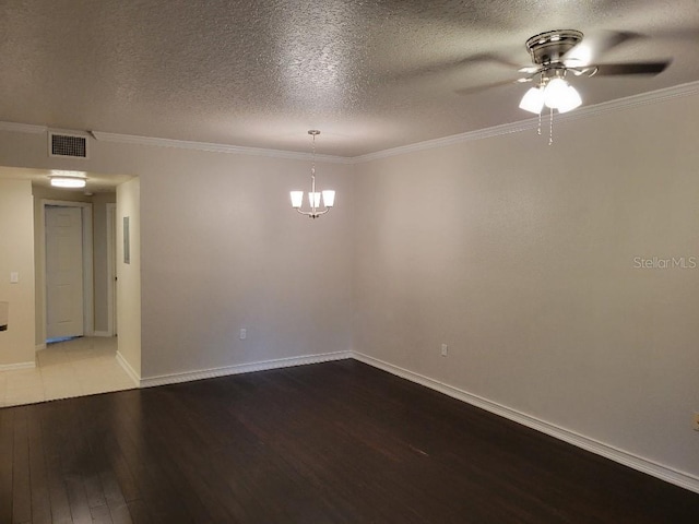 spare room with a textured ceiling, ornamental molding, ceiling fan with notable chandelier, and hardwood / wood-style flooring