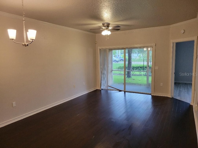 empty room featuring ceiling fan with notable chandelier, dark hardwood / wood-style flooring, a textured ceiling, and crown molding