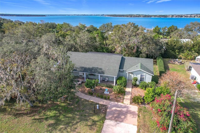 aerial view featuring a water view