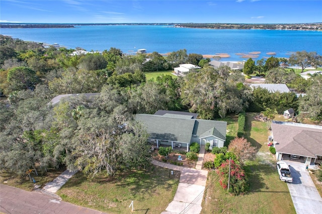 aerial view featuring a water view