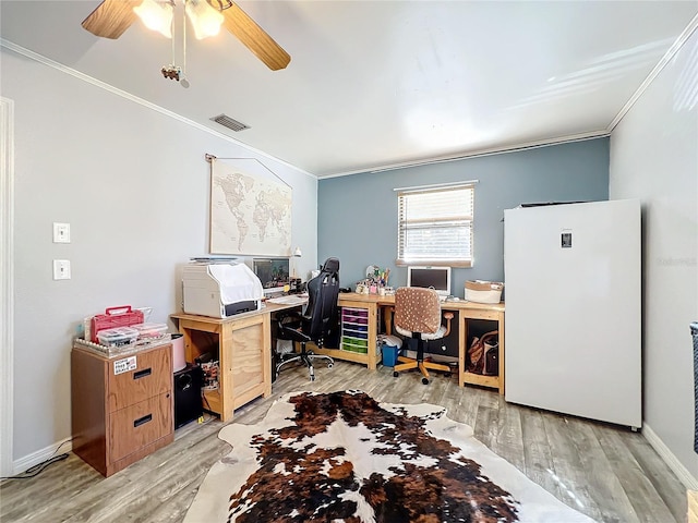 office with light hardwood / wood-style floors, ceiling fan, and crown molding