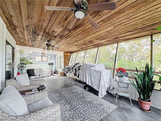 sunroom with ceiling fan and wooden ceiling