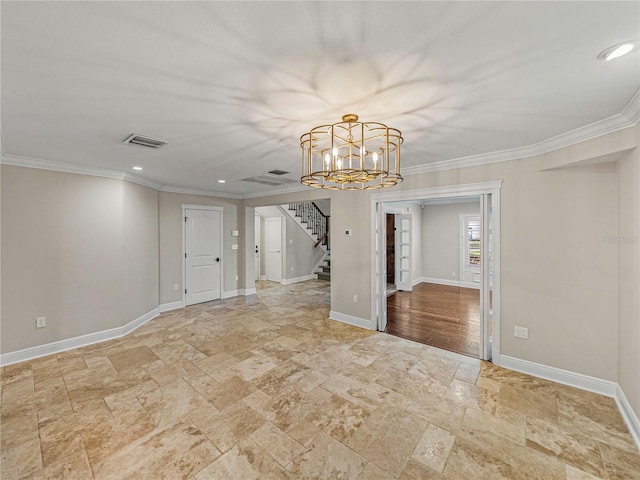 interior space featuring crown molding and a notable chandelier