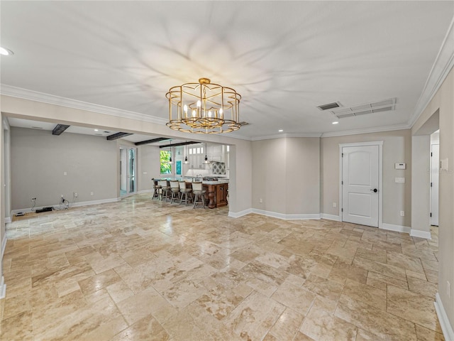 unfurnished living room with a notable chandelier and crown molding