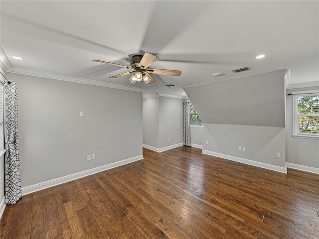 bonus room featuring ceiling fan, dark hardwood / wood-style flooring, and vaulted ceiling