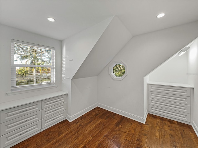 additional living space featuring a wealth of natural light, dark wood-type flooring, and lofted ceiling