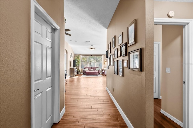 hall featuring wood-type flooring and a textured ceiling