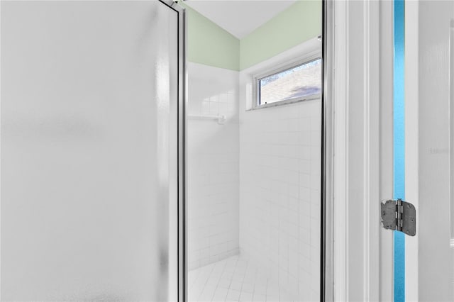 bathroom with a shower with shower door