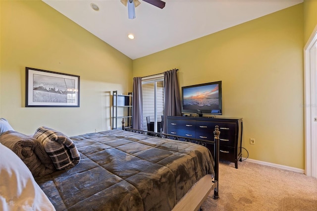 bedroom with light carpet, ceiling fan, and lofted ceiling