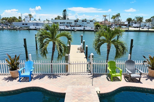 view of dock with a water view