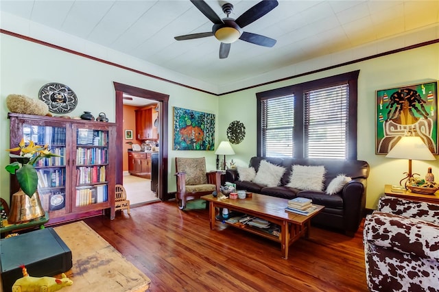 living room with dark hardwood / wood-style floors and ceiling fan