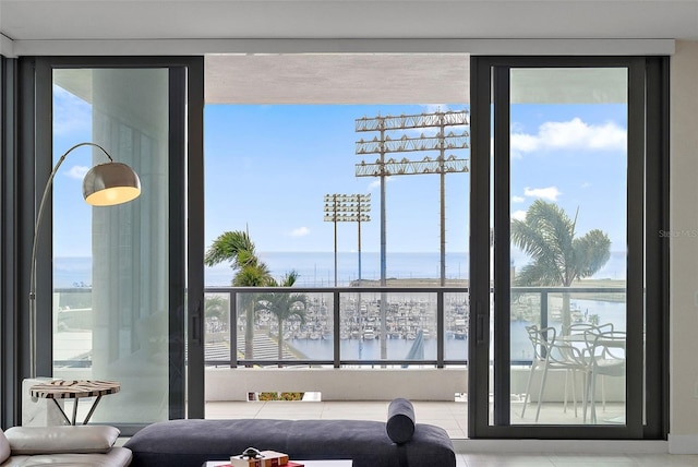 interior space featuring a water view and a healthy amount of sunlight