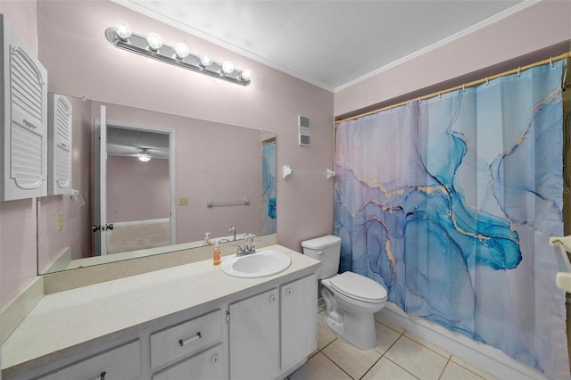 full bathroom featuring vanity, ornamental molding, toilet, tile patterned floors, and shower / bath combo with shower curtain