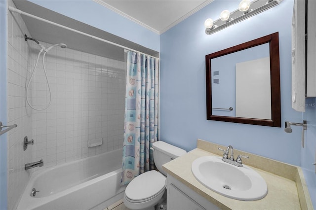 full bathroom featuring crown molding, toilet, shower / tub combo, and vanity