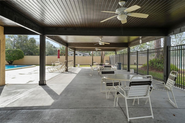 view of patio with ceiling fan and a fenced in pool