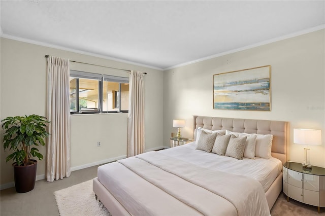 carpeted bedroom with crown molding