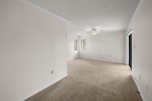 2679 Sabal Springs Cir Unit 203, Clearwater, FL 33761 - unfurnished room with ceiling fan, light colored carpet, ornamental molding, and a textured ceiling