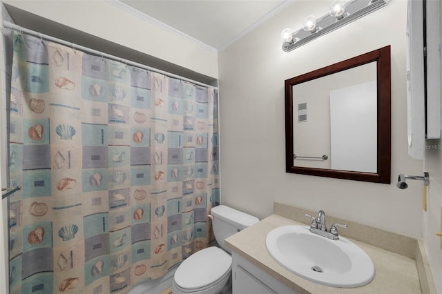 2679 Sabal Springs Cir Unit 203, Clearwater, FL 33761 - bathroom with crown molding, vanity, toilet, and a shower with curtain