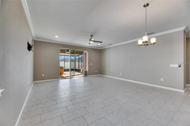 tiled empty room featuring ceiling fan with notable chandelier and ornamental molding