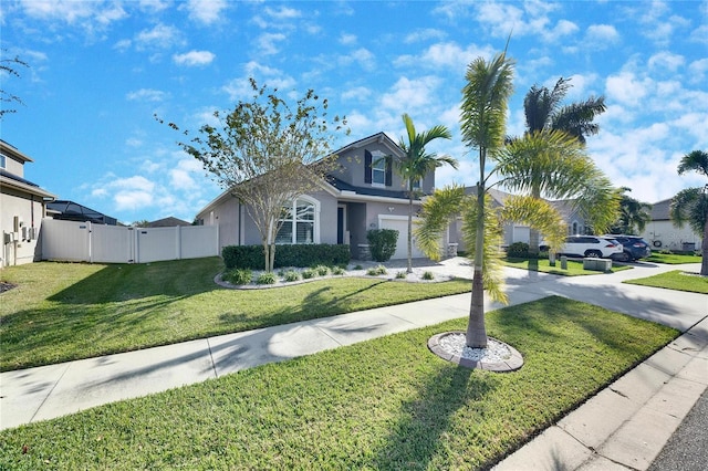 view of front of home with a front yard and a garage