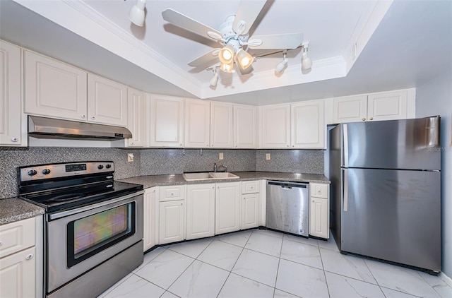 kitchen with white cabinets, sink, ceiling fan, appliances with stainless steel finishes, and a tray ceiling