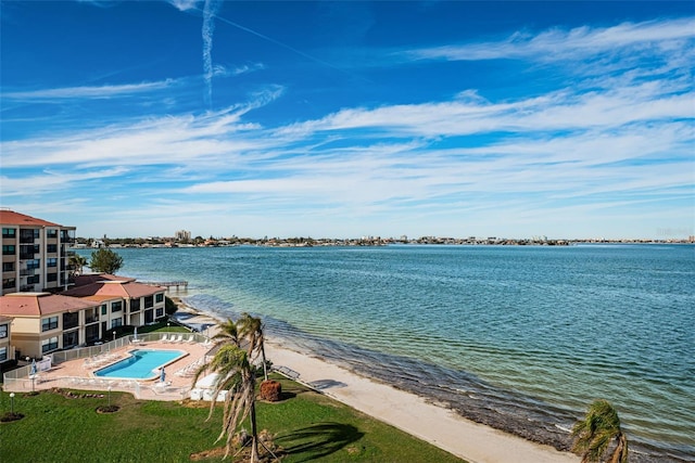 view of water feature with a beach view