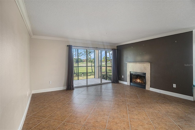 unfurnished living room with tile patterned flooring, a textured ceiling, and ornamental molding