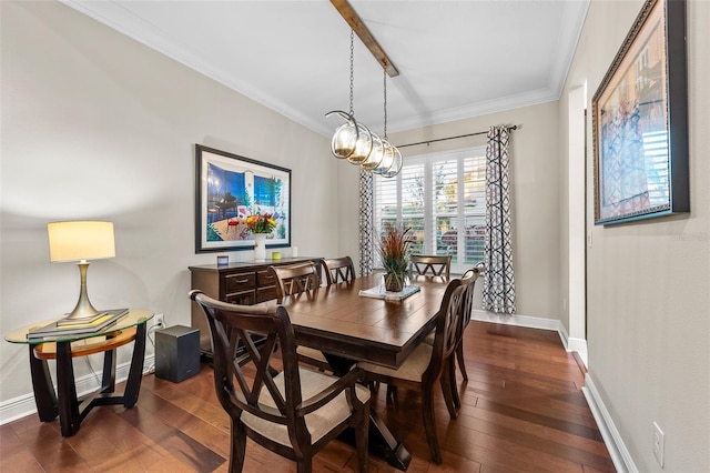 dining space with dark wood-type flooring and ornamental molding