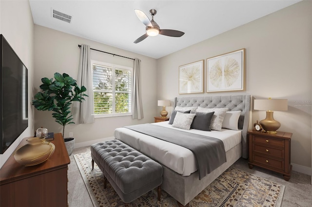 carpeted bedroom featuring ceiling fan