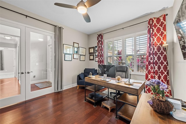 office with ceiling fan, dark wood-type flooring, and french doors