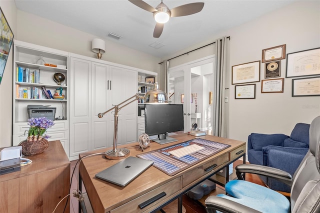 office featuring ceiling fan and french doors