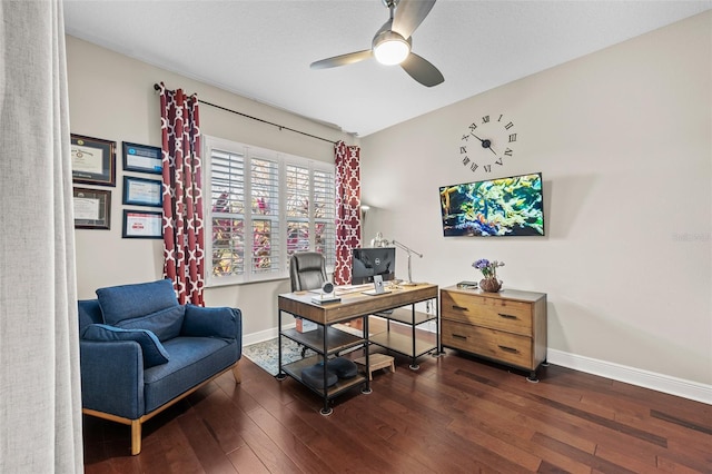 home office with ceiling fan and dark hardwood / wood-style flooring