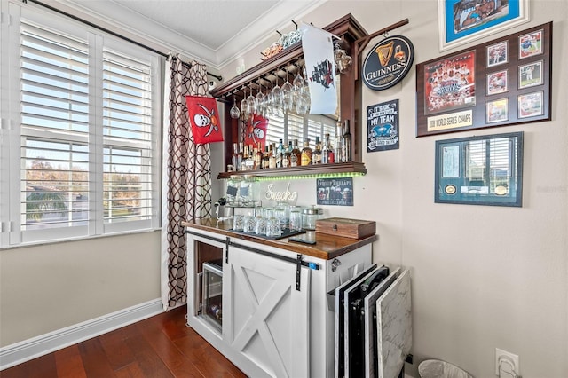 bar with dark hardwood / wood-style flooring, crown molding, and wooden counters