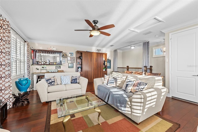 living room with ceiling fan, dark wood-type flooring, and crown molding